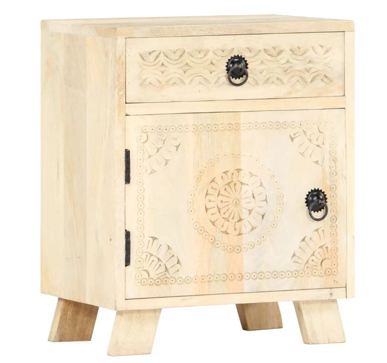 Table de chevet 1 porte 1 tiroir manguier massif blanc brossé Pili - Photo n°1