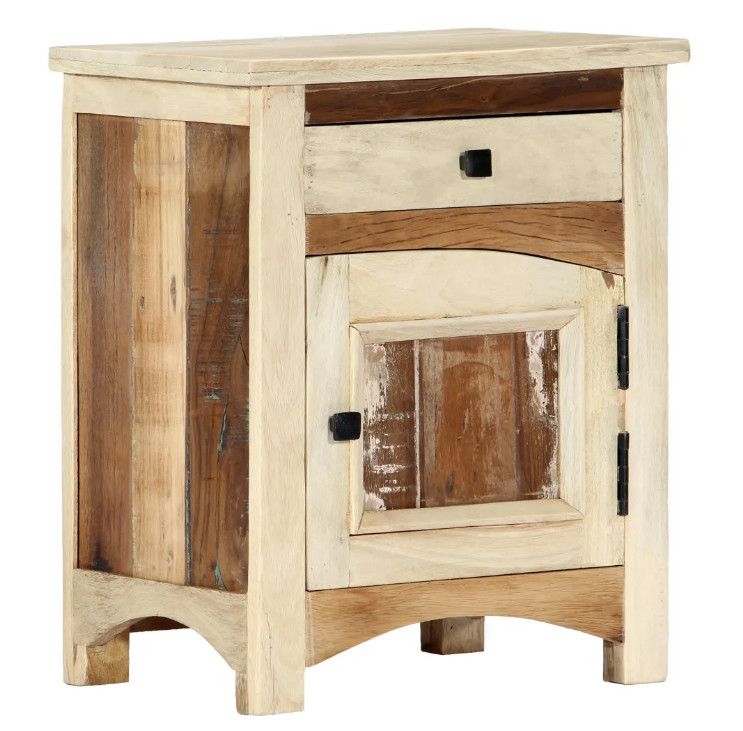 Table de chevet 1 porte 1 tiroir manguier massif clair et bois recyclé Misty - Photo n°1