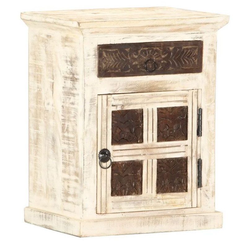 Table de chevet 1 tiroir 1 porte manguier massif blanc Bionk - Photo n°1