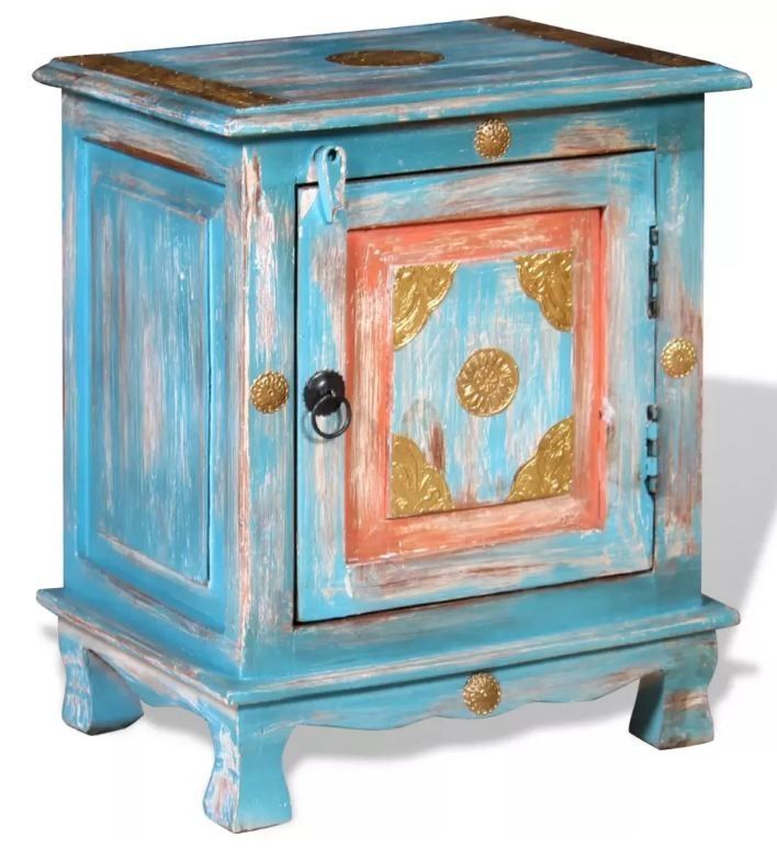 Table de chevet 1 porte oriental manguier massif bleu turquoise Pinkie - Photo n°1