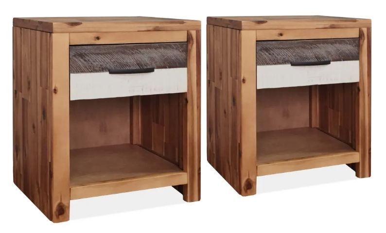 Table de chevet 1 tiroir 1 niche acacia massif laqué Boken - Lot de 2 - Photo n°1
