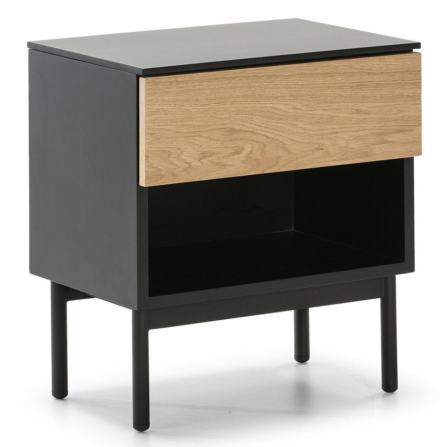 Table de chevet 1 tiroir 1 niche bois clair et noir Deuxi - Photo n°1