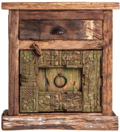 Table de chevet 1 tiroir 1 porte bois massif foncé Chihu - Photo n°1