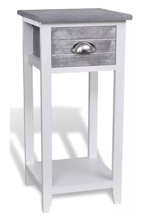 Table de chevet 1 tiroir bois paulownia gris et blanc Poupa - Photo n°1