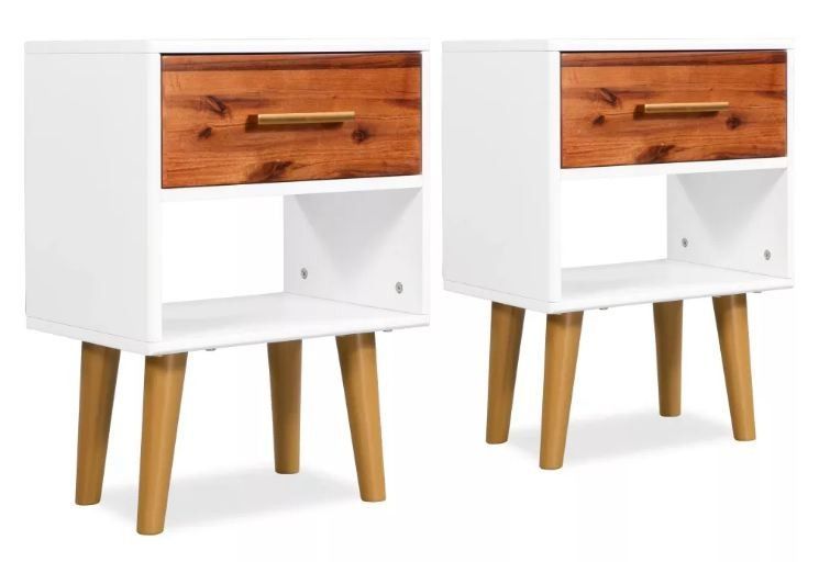 Table de chevet 1 tiroir et 1 niche acacia massif foncé et blanc Soken - Lot de 2 - Photo n°1