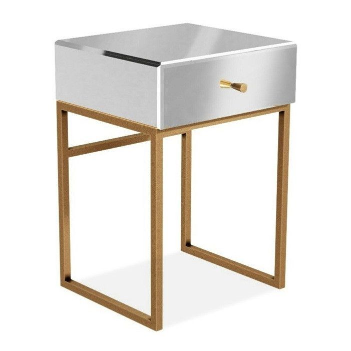 Table de chevet 1 tiroir miroir et pieds métal doré Abell - Photo n°1