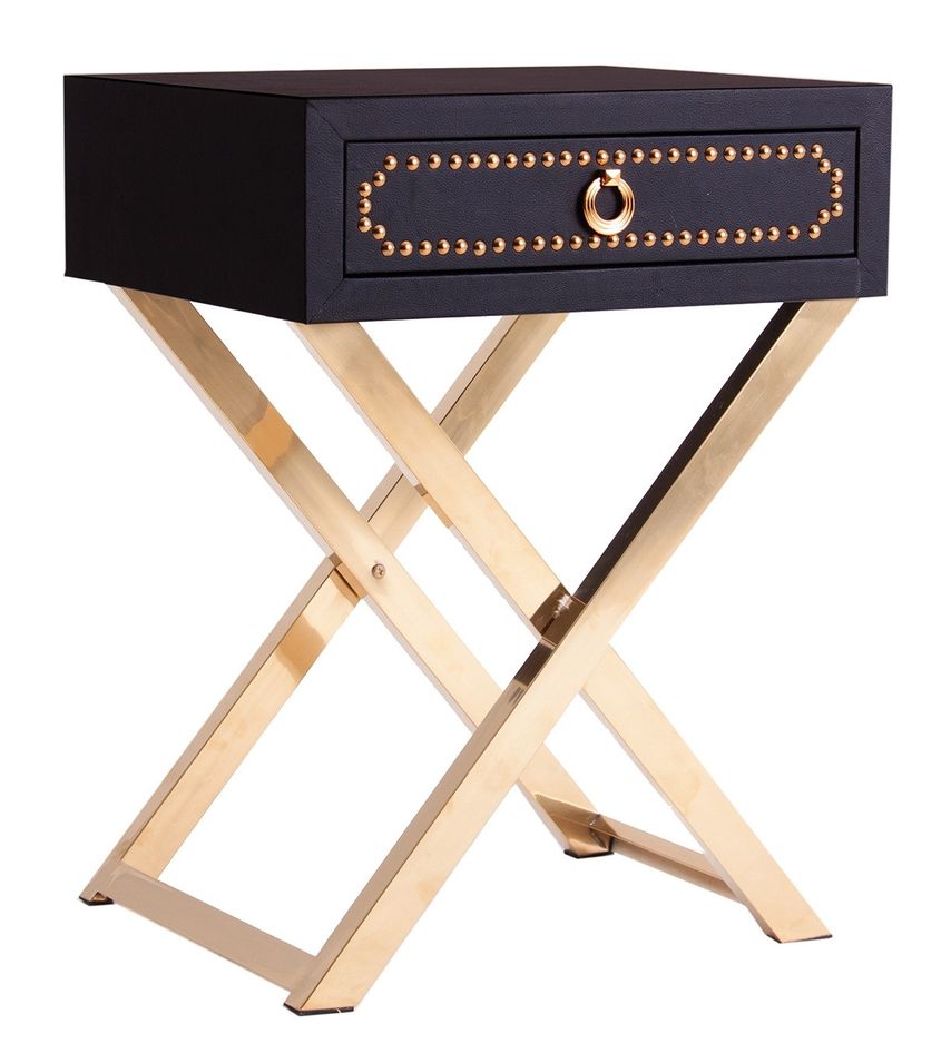 Table de chevet 1 tiroir simili cuir noir et métal doré Lazur - Photo n°1