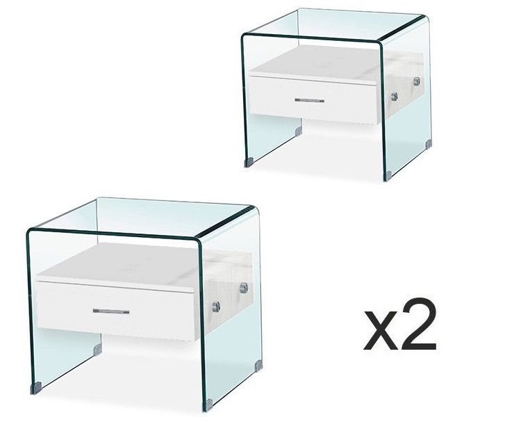 Table de chevet 1 tiroir verre et bois blanc Sella - Lot de 2 - Photo n°1