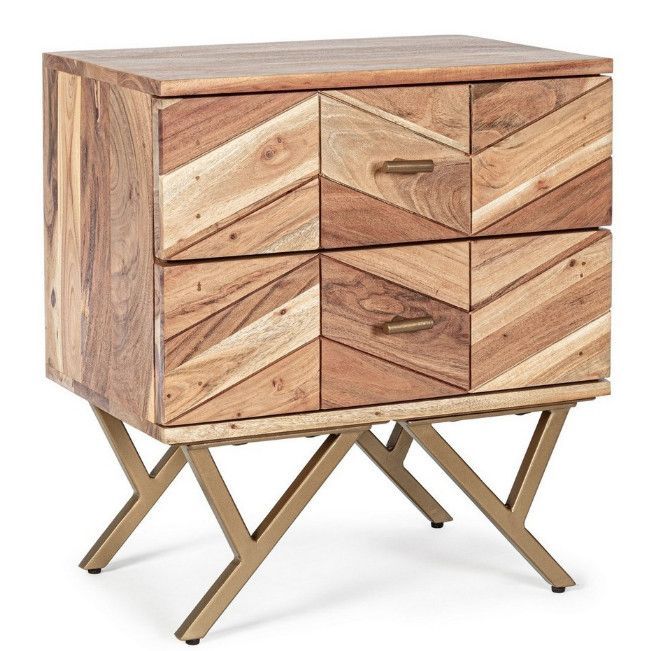 Table de chevet 2 tiroirs bois d'acacia et pieds acier doré mat Dinka 50 cm - Lot de 2 - Photo n°1