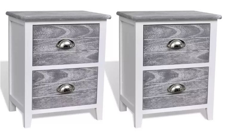 Table de chevet 2 tiroirs bois paulownia blanc et gris Poupa - Lot de 2 - Photo n°1
