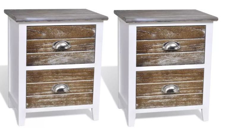 Table de chevet 2 tiroirs bois paulownia blanc et marron Poupa - Lot de 2 - Photo n°1