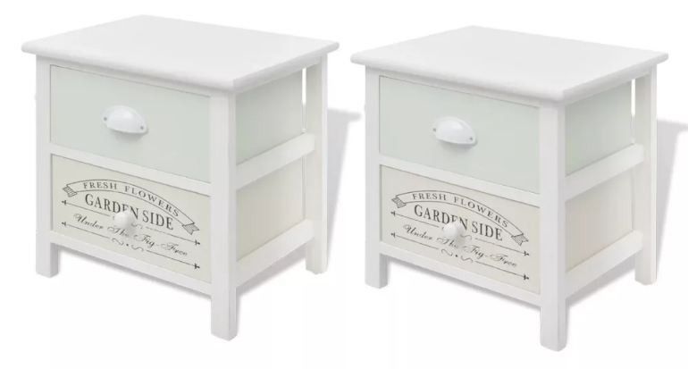 Table de chevet 2 tiroirs bois paulownia massif blanc Frenchy - Lot de 2 - Photo n°1