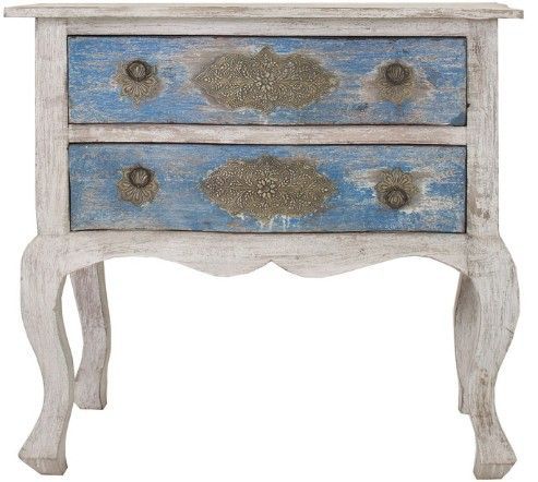 Table de chevet 2 tiroirs manguier massif blanc et bleu Daisy - Photo n°1