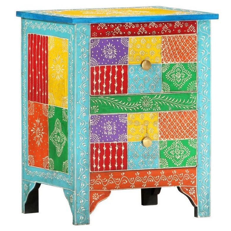 Table de chevet 2 tiroirs manguier massif bleu Coloria - Photo n°1