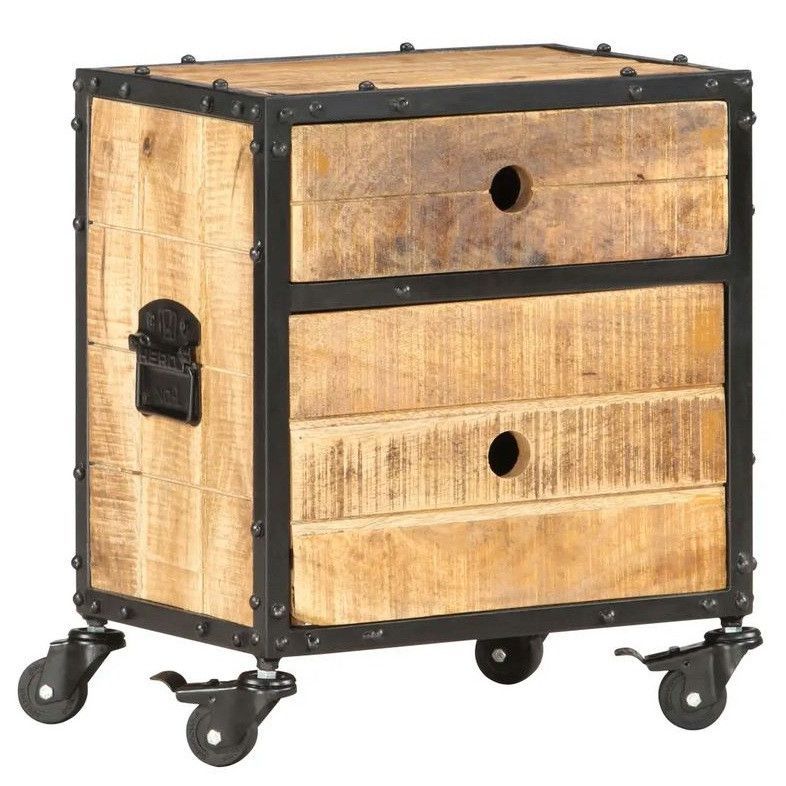 Table de chevet 2 tiroirs manguier massif clair et métal Zekia - Photo n°1