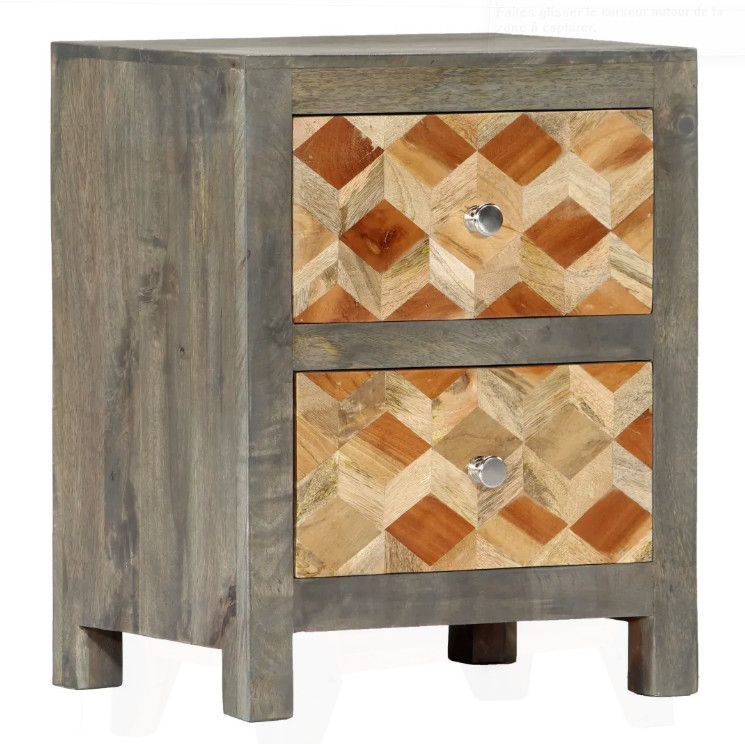 Table de chevet 2 tiroirs manguier massif gris et clair Misty - Photo n°1