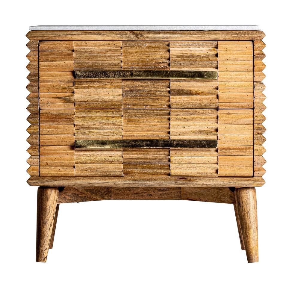 Table de chevet 2 tiroirs marbre blanc et manguier massif clair Lial - Photo n°1