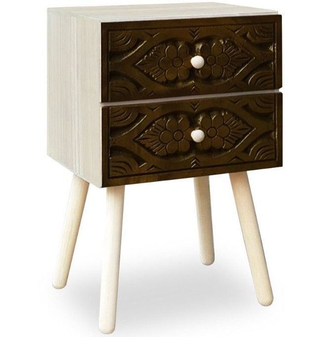 Table de chevet 2 tiroirs marron et pieds bois massif clair Tanaca - Photo n°1