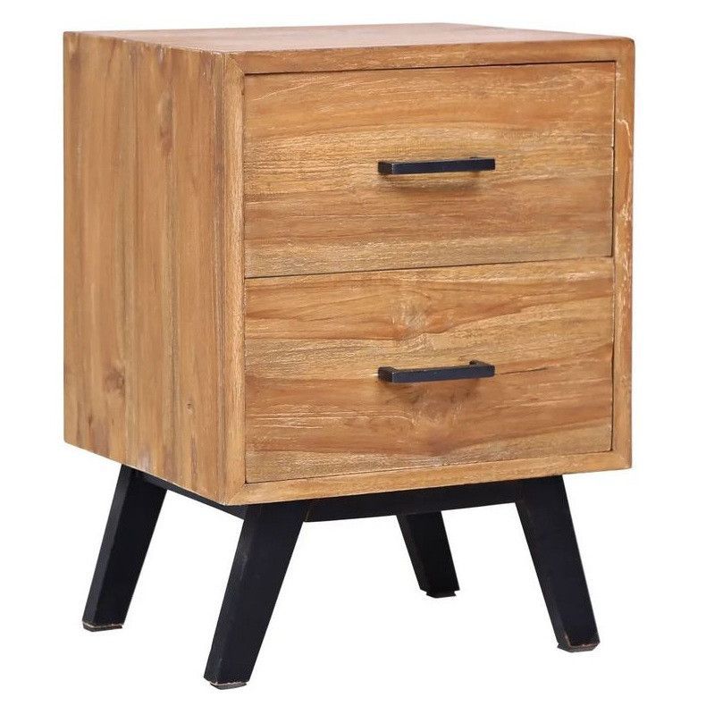 Table de chevet 2 tiroirs teck massif foncé et pieds noir Nubri - Photo n°1