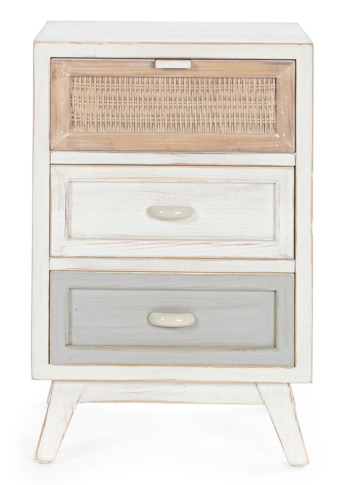 Table de chevet 3 tiroirs bois de sapin blanc et rotin naturel Tika 40 cm - Lot de 2 - Photo n°1