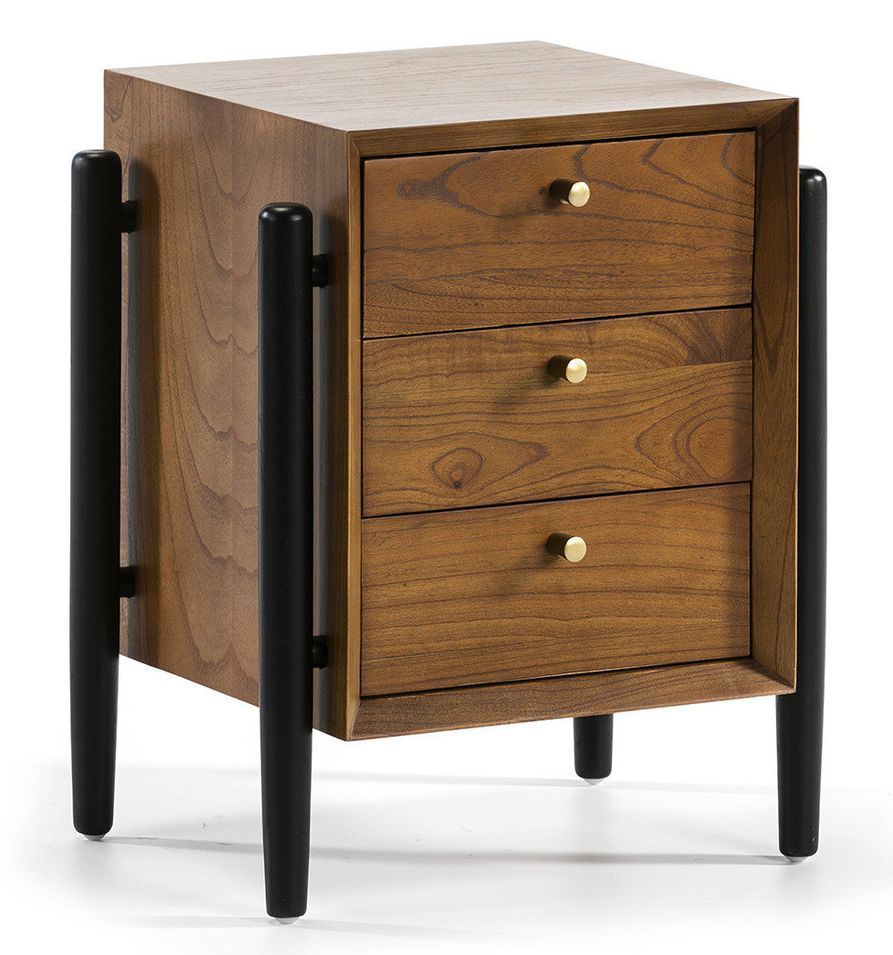 Table de chevet 3 tiroirs bois massif foncé et noir Vazen - Photo n°1