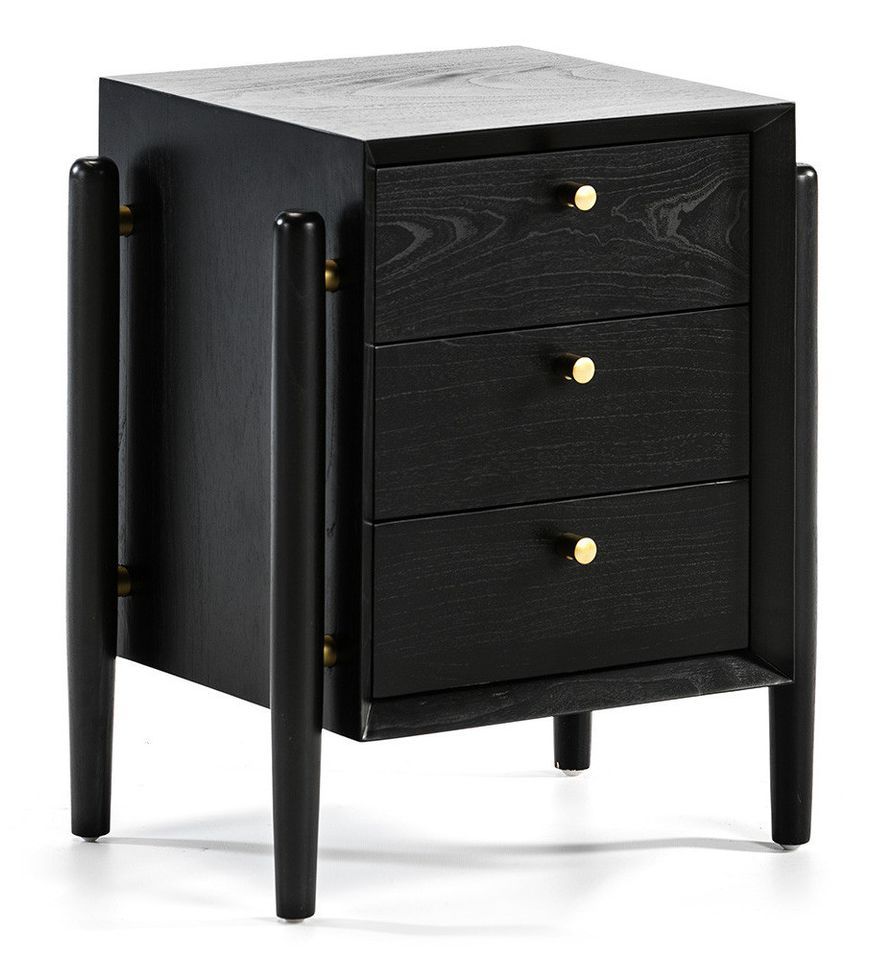 Table de chevet 3 tiroirs bois massif noir Vazen - Photo n°1