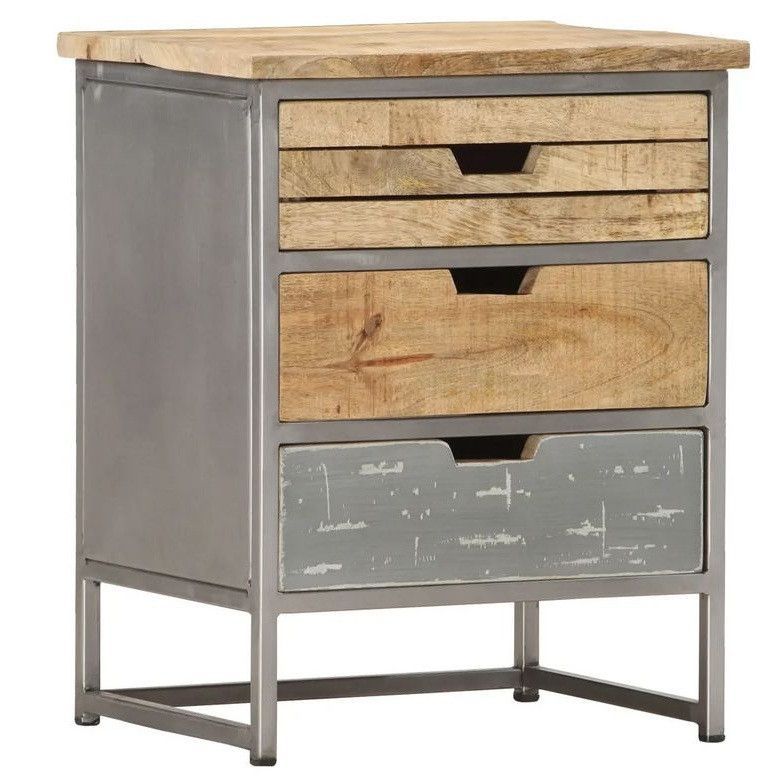 Table de chevet 3 tiroirs manguier massif et métal gris Behav - Photo n°1