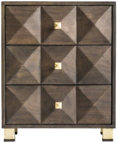 Table de chevet art déco 3 tiroirs bois de manguier foncé et métal doré Wally - Photo n°1