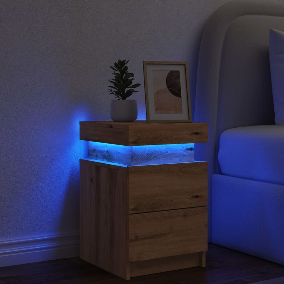 Table de chevet avec LED chêne artisanal bois d'ingénierie - Photo n°1