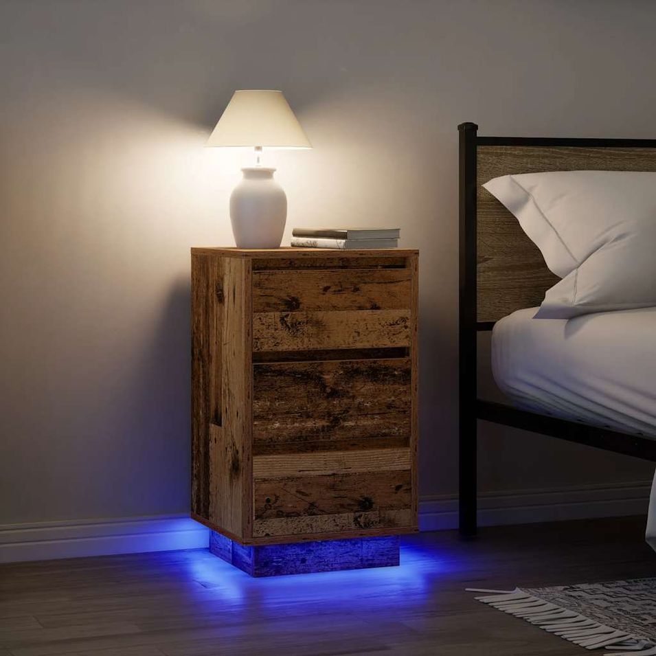 Table de chevet avec lumières LED vieux bois 38x34x65 cm - Photo n°1