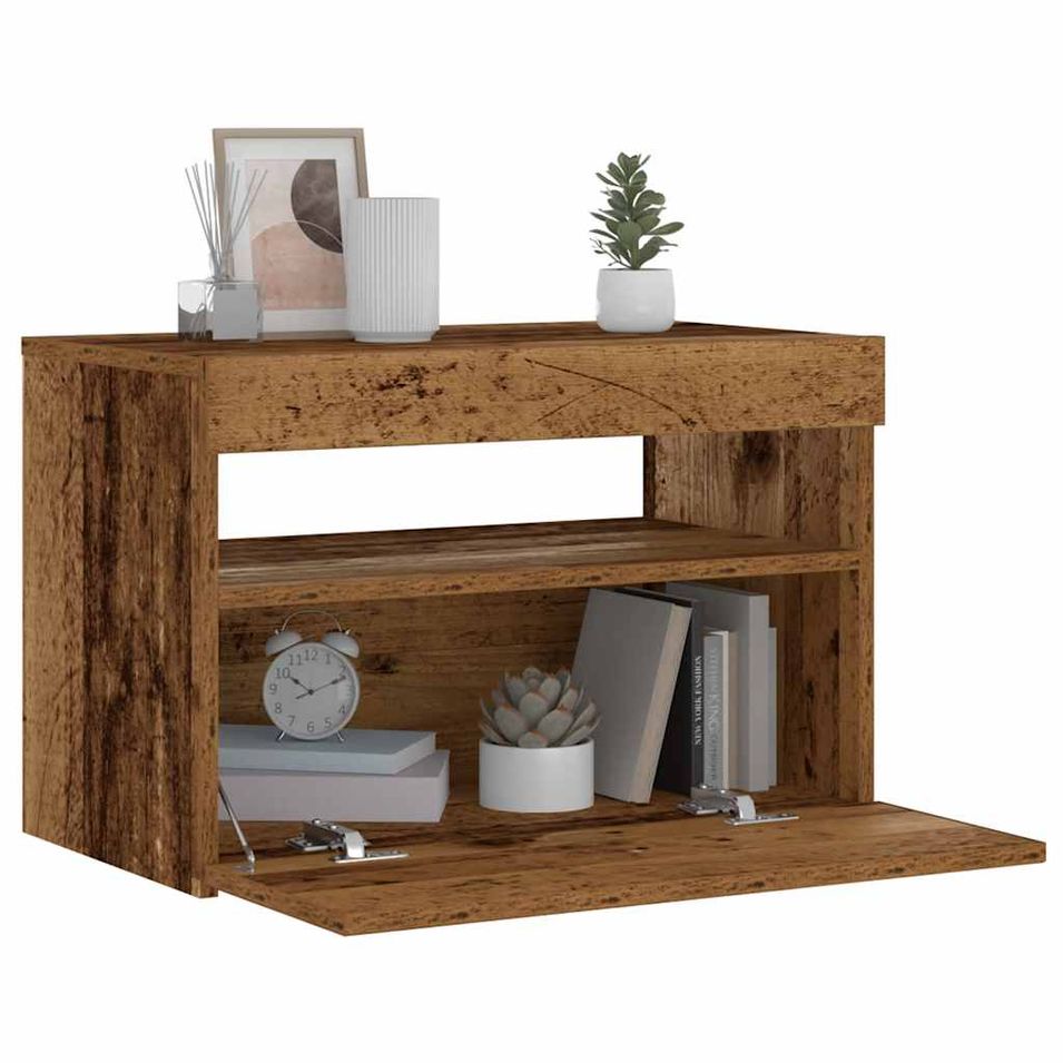 Table de chevet avec lumières LED vieux bois bois d'ingénierie - Photo n°1