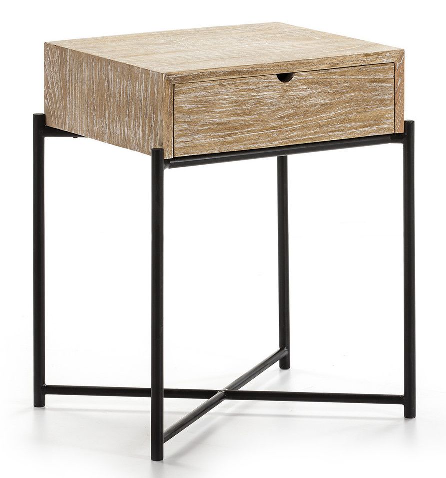 Table de chevet bois massif clair et pieds métal noir Doum - Photo n°1