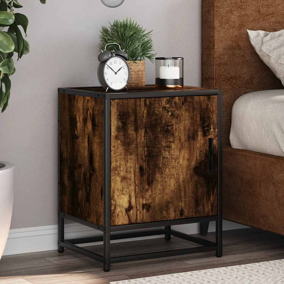 Table de chevet chêne fumé 40x31x50 cm bois d'ingénierie métal - Photo n°1