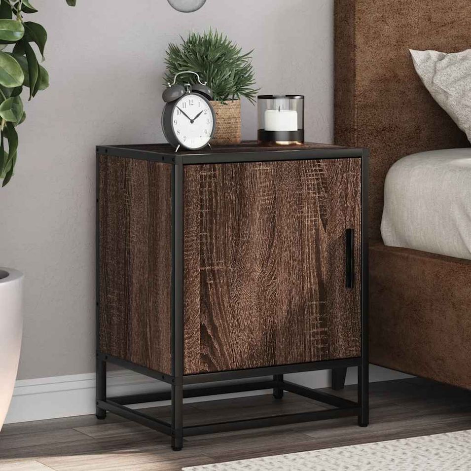Table de chevet chêne marron 40x31x50cm bois d'ingénierie métal - Photo n°1
