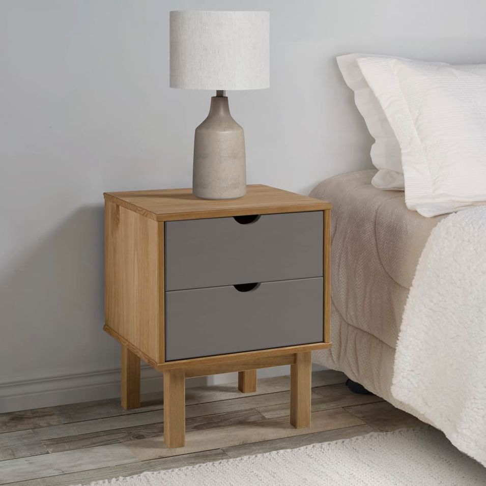 Table de chevet Marron et gris 46x39,5x57 cm Bois de pin solide - Photo n°1