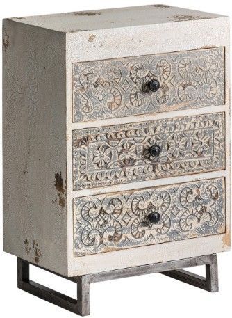 Table de chevet orientale 3 tiroirs manguier massif blanc cassé vieilli Anais - Photo n°1