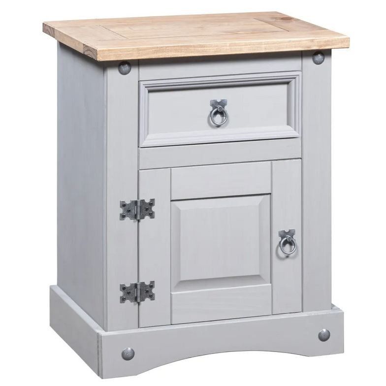 Table de chevet pin massif foncé et gris Singa - Photo n°1