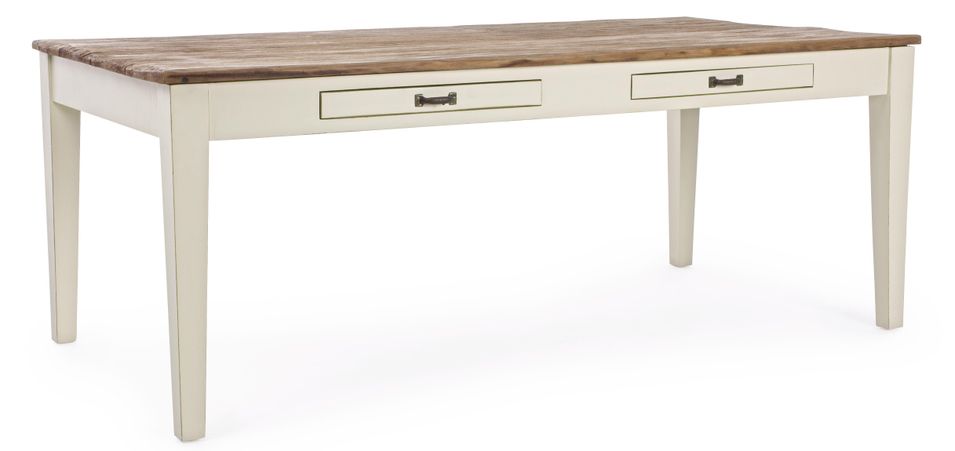 Table de cuisine bois teck 2 tiroirs blanc Siena L 200 cm - Photo n°1