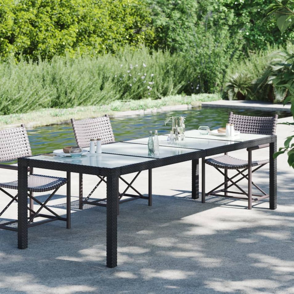 Table de jardin Noir 250x100x75 cm Verre trempé et poly rotin - Photo n°1