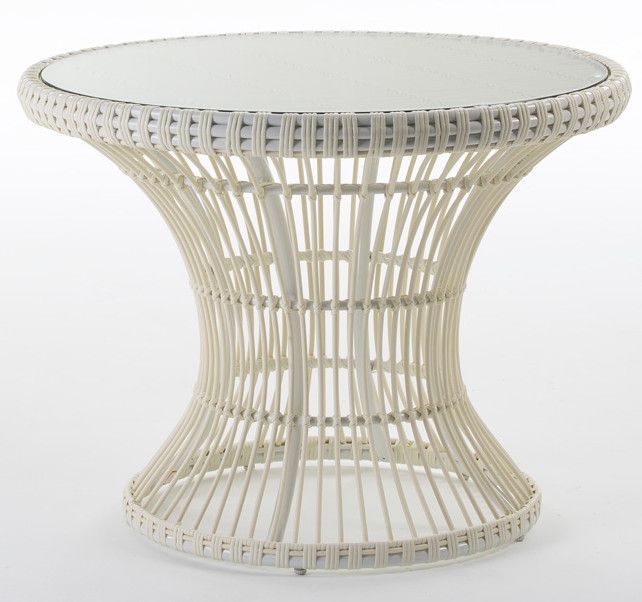 Table de jardin ronde verre et rotin synthétique blanc Miti - Photo n°1