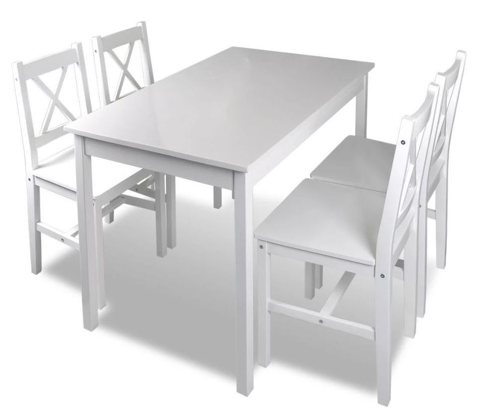 Table de séjour et 4 chaises pin massif laqué blanc Dina - Photo n°1