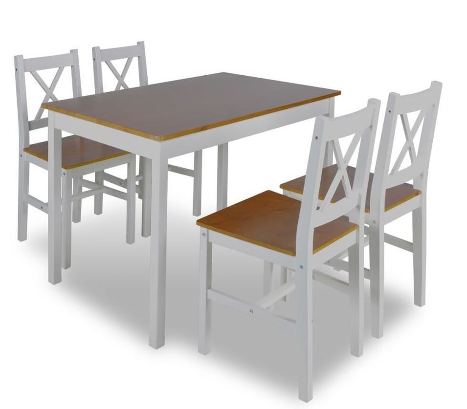 Table de séjour et 4 chaises pin massif laqué blanc et marron Dina - Photo n°1
