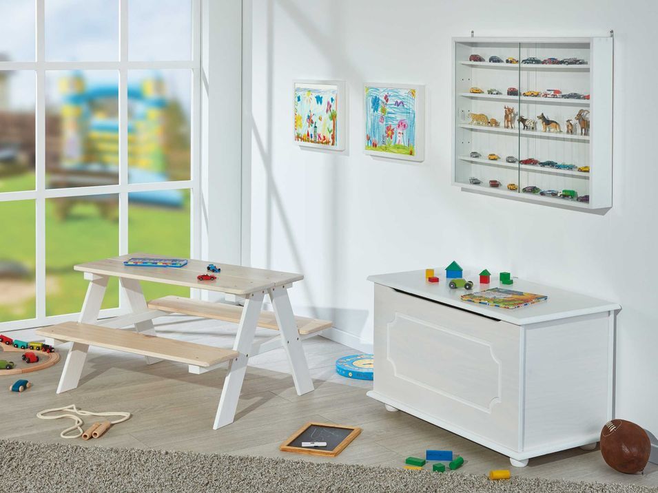 Table enfant avec bancs pin massif clair et blanc Shaneen - Photo n°4