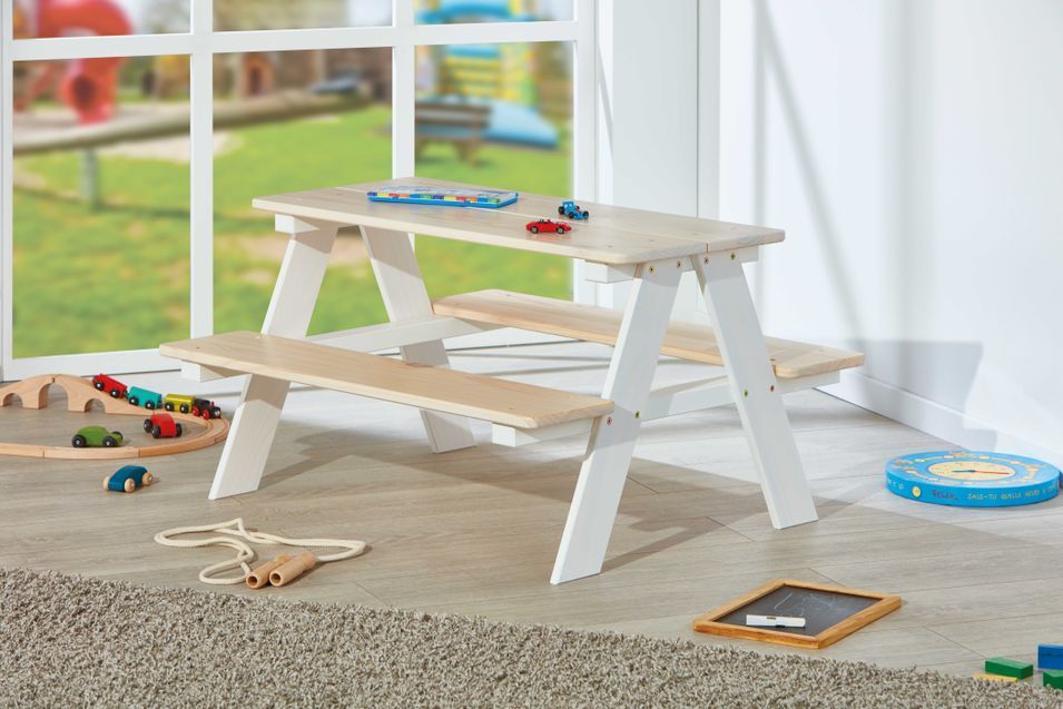 Table enfant avec bancs pin massif clair et blanc Shaneen - Photo n°5
