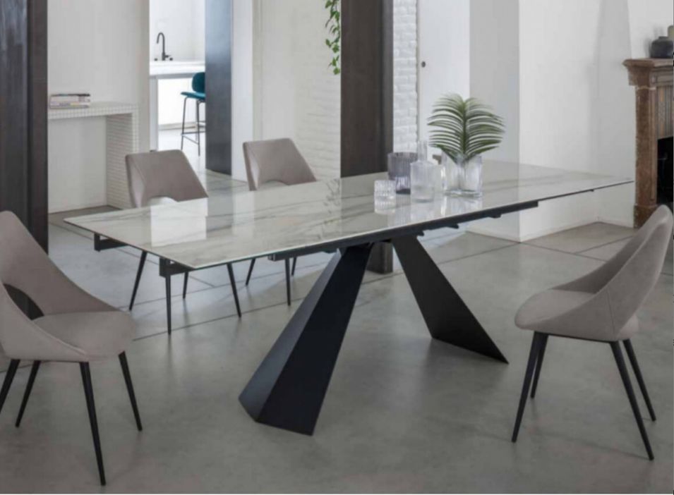 Table extensible 160/240 cm céramique blanc marbre brillant et pieds métal noir Kylane - Photo n°1