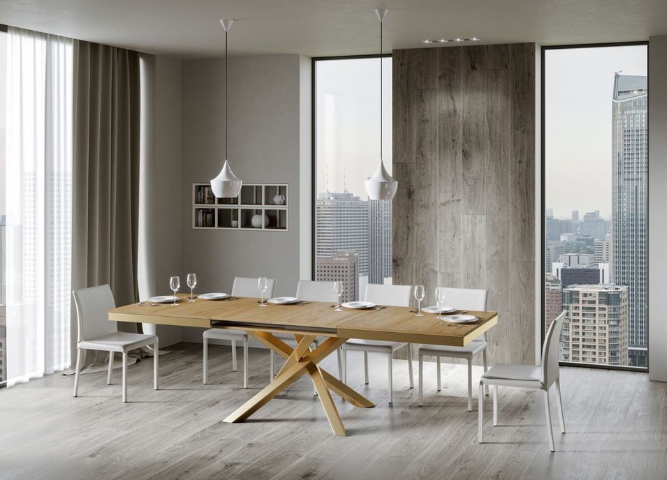 Table extensible 8 à 20 personnes chêne naturel et pieds entrelacés doré L 180 à 440 cm Artemis - Photo n°1