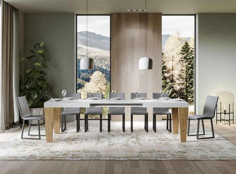 Table extensible blanche et pieds chêne naturel 6 à 12 personnes Kristo L 180 à 284 cm - Photo n°1