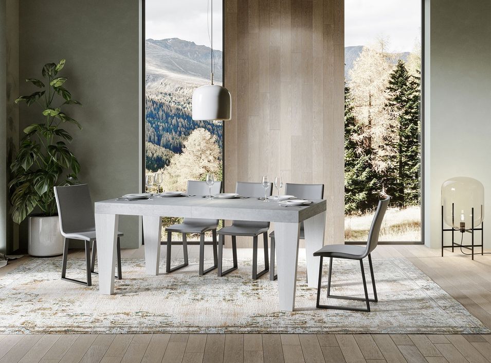Table extensible gris béton et pieds bois blanc 6 à 12 personnes Kristo L 180 à 284 cm - Photo n°1