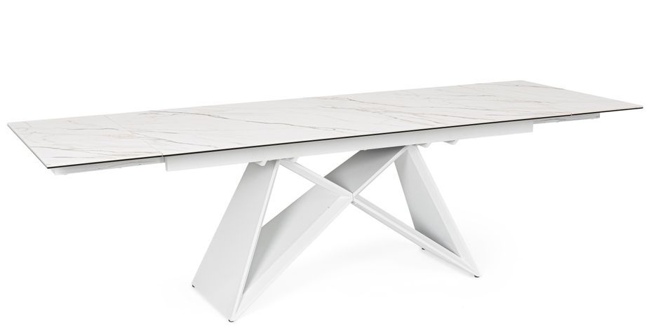 Table extensible VERONA 180/260 cm - Céramique blanche effet marbre et pieds laqués blanc - Photo n°1