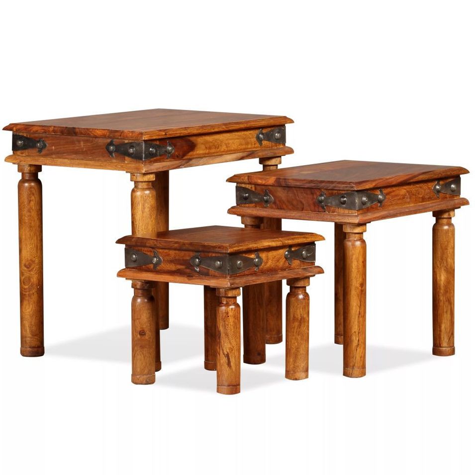 Table gigogne 3 pcs Bois massif de Sesham Marron - Photo n°1